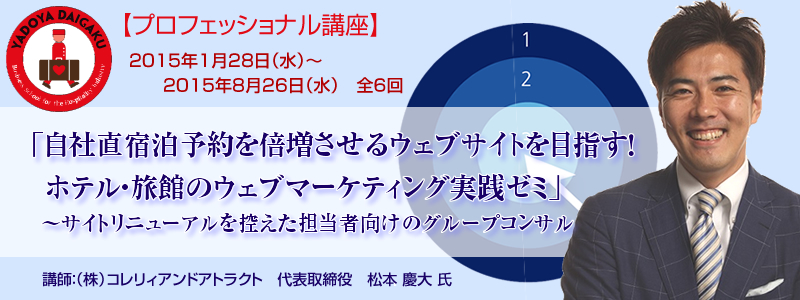 【プロフェッショナル講座】「自社直宿泊予約を倍増させるウェブサイトを目指す！　ホテル・旅館のウェブマーケティング実践ゼミ　～　サイトリニューアルを控えた担当者向けのグループコンサル」講師：（株）コレリィアンドアトラクト　代表取締役　松本 慶大 氏